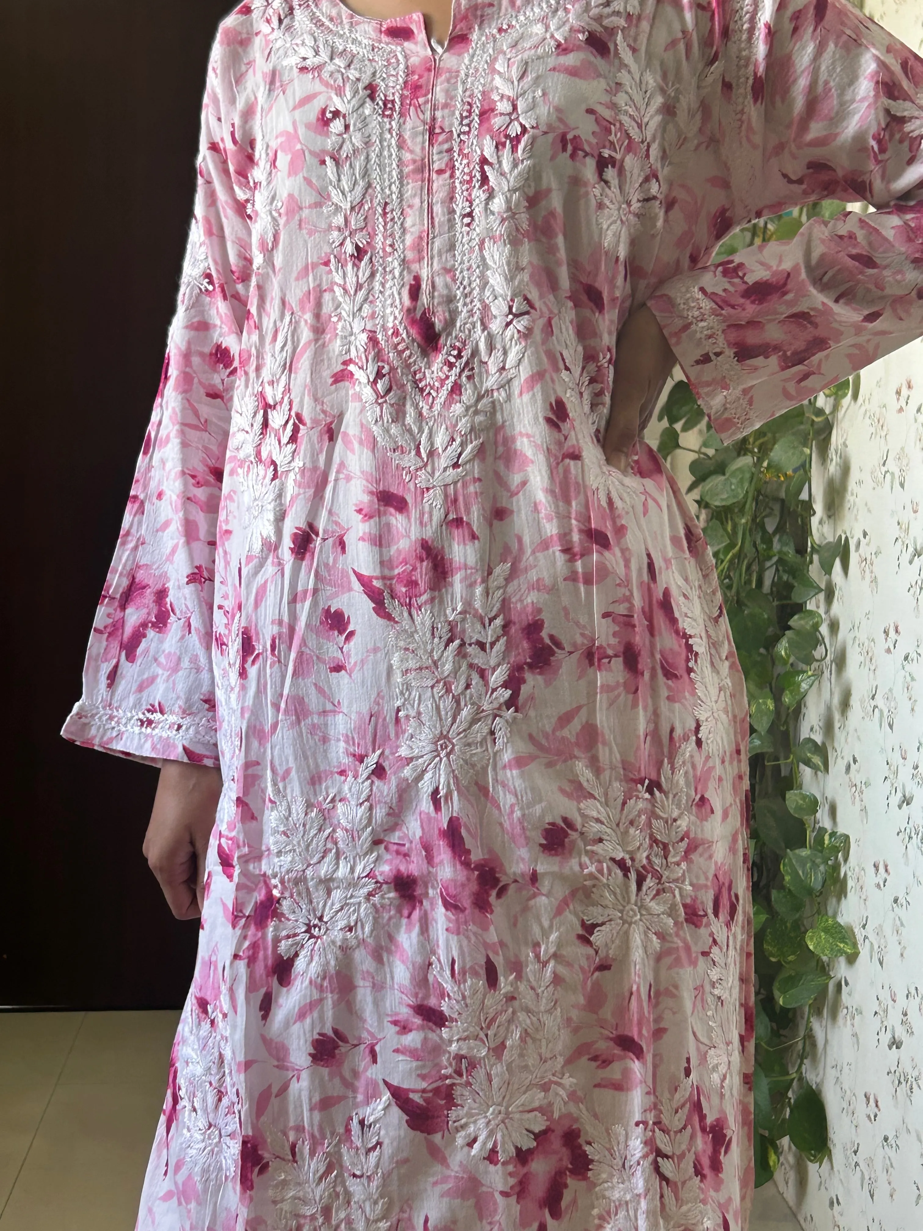 Pankhudi Pink Mul mul cotton chikankari kurti