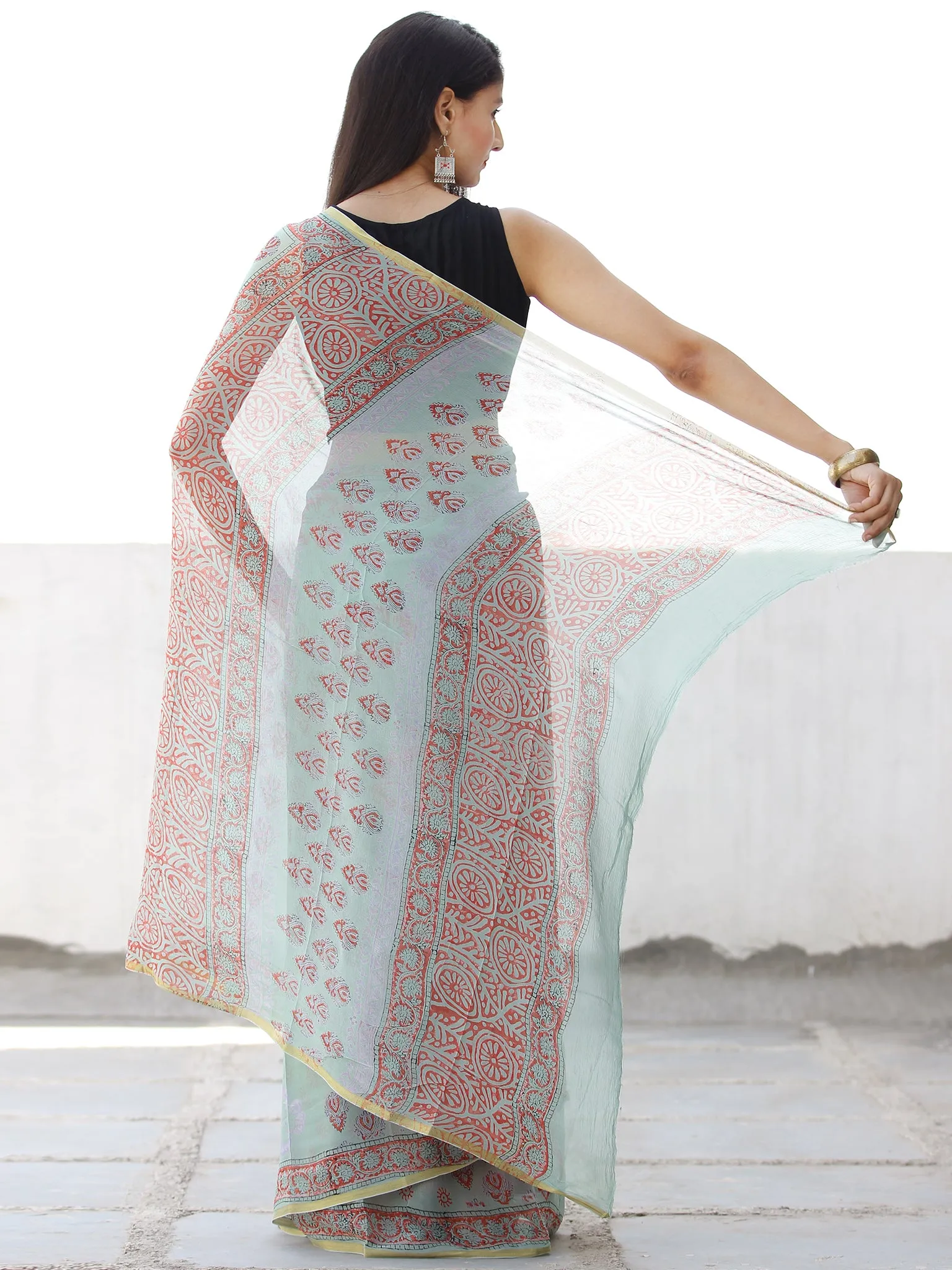 Pastel Green Coral Hand Block Printed Chiffon Saree with Zari Border - S031703958
