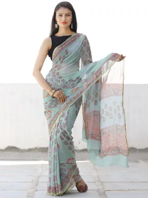 Pastel Green Coral Hand Block Printed Chiffon Saree with Zari Border - S031703958
