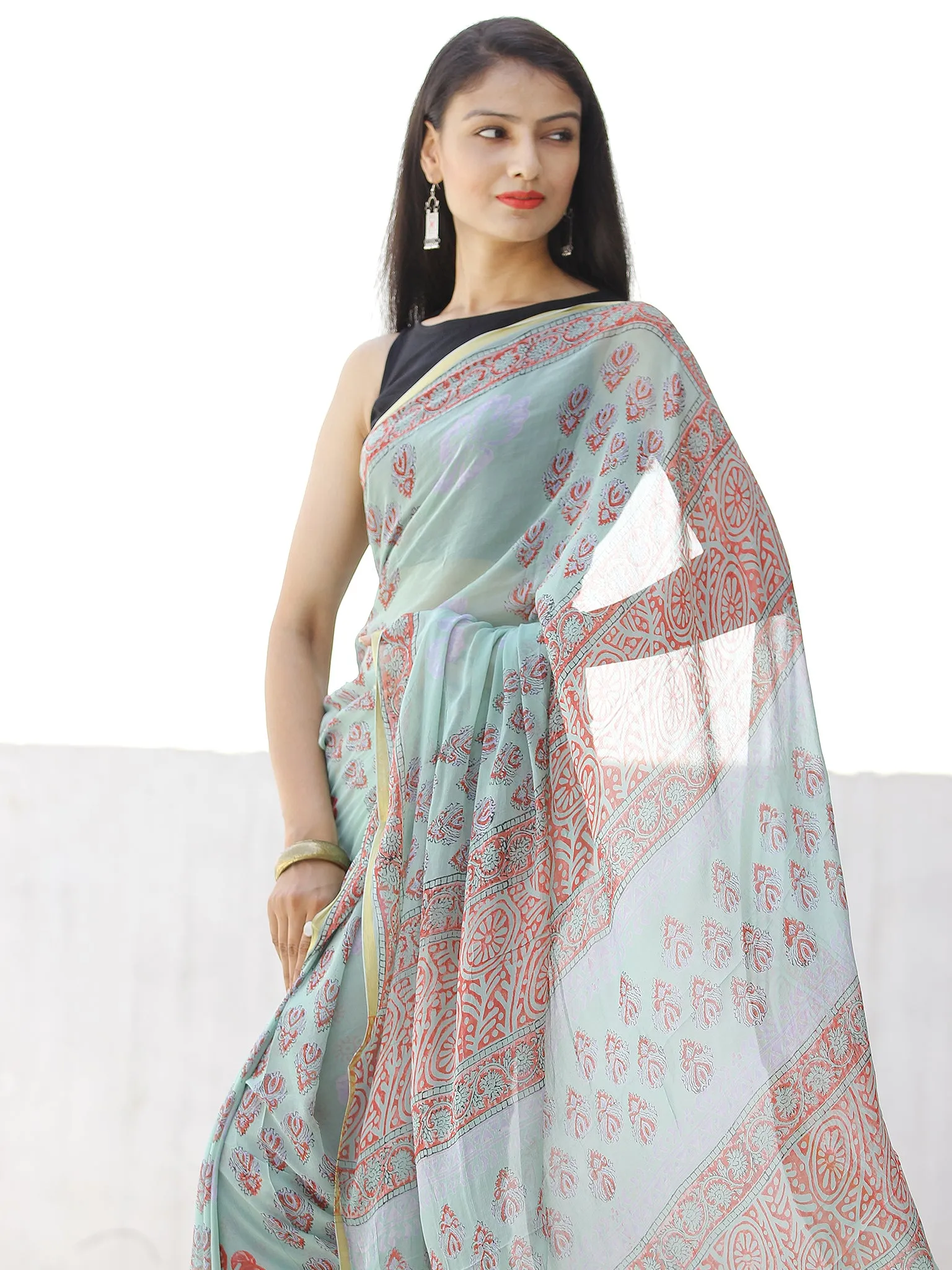 Pastel Green Coral Hand Block Printed Chiffon Saree with Zari Border - S031703958