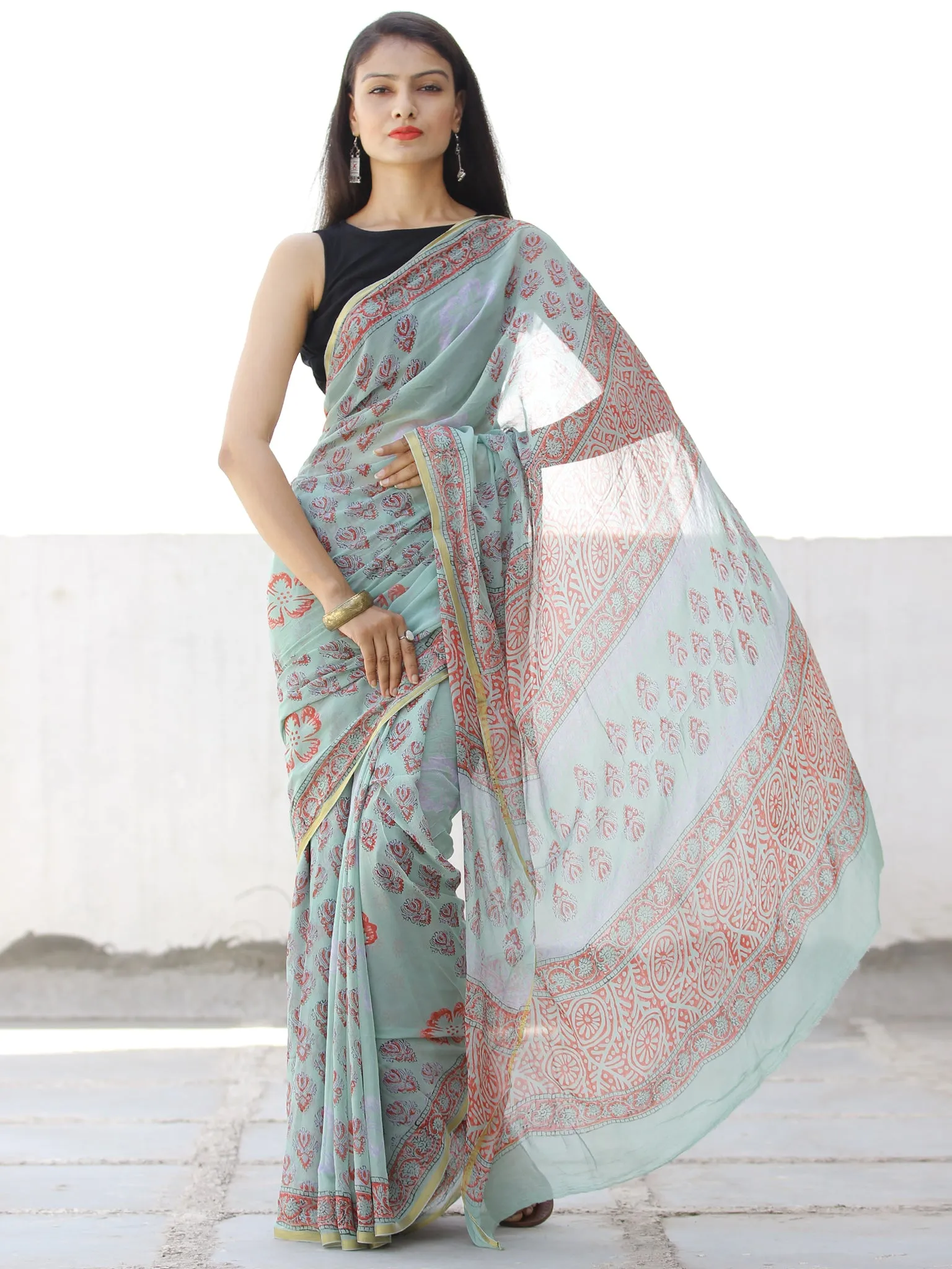 Pastel Green Coral Hand Block Printed Chiffon Saree with Zari Border - S031703958