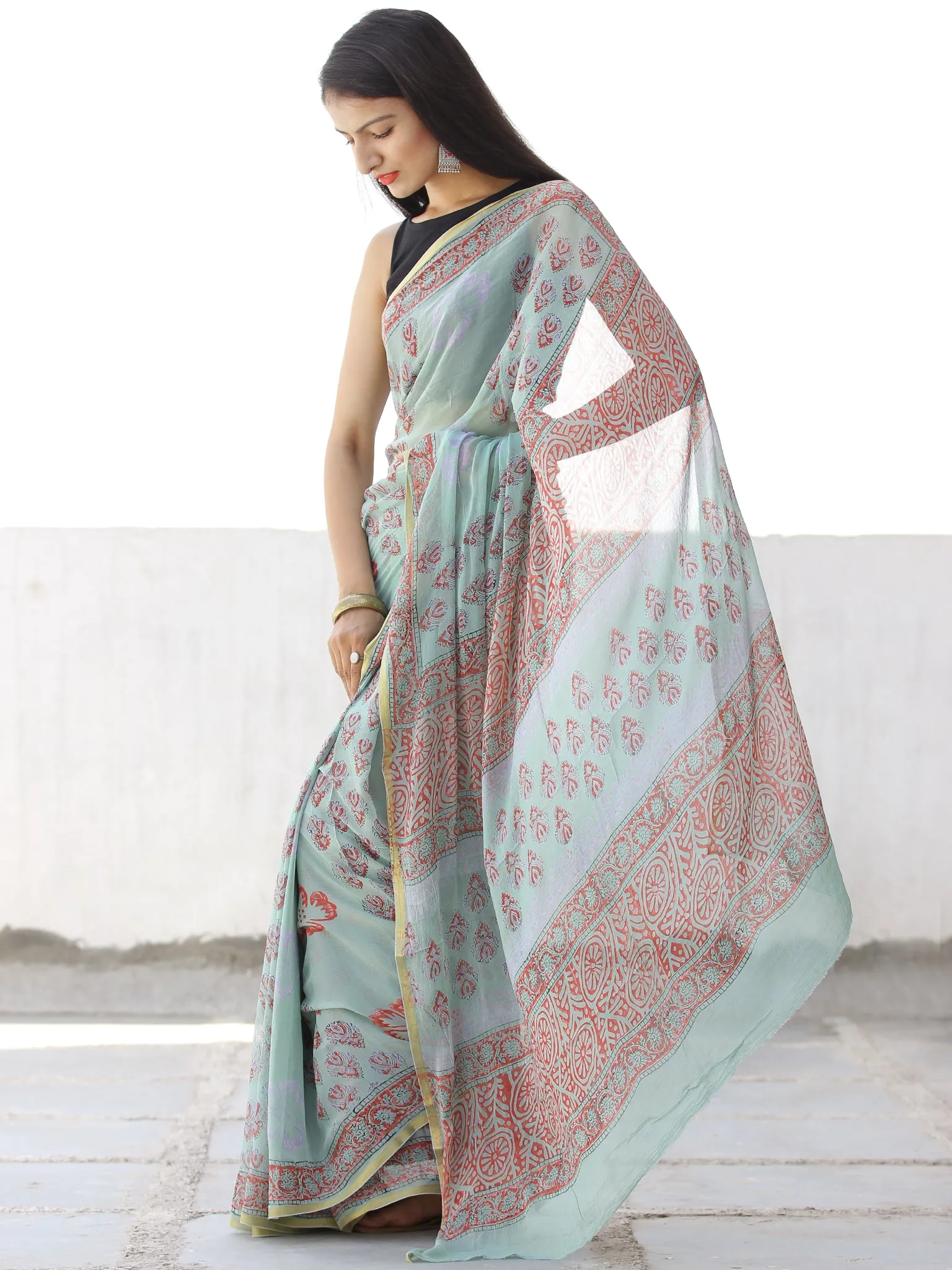Pastel Green Coral Hand Block Printed Chiffon Saree with Zari Border - S031703958