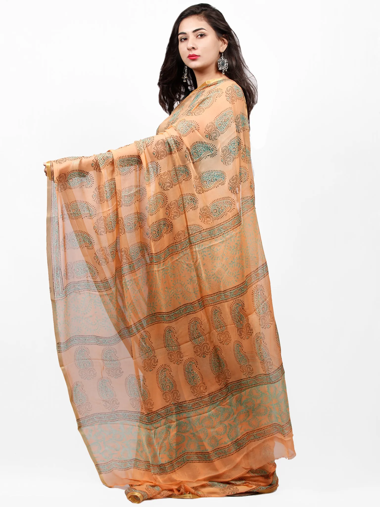 Peach Green Hand Block Printed Chiffon Saree with Zari Border - S031703276