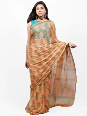 Peach Green Hand Block Printed Chiffon Saree with Zari Border - S031703276