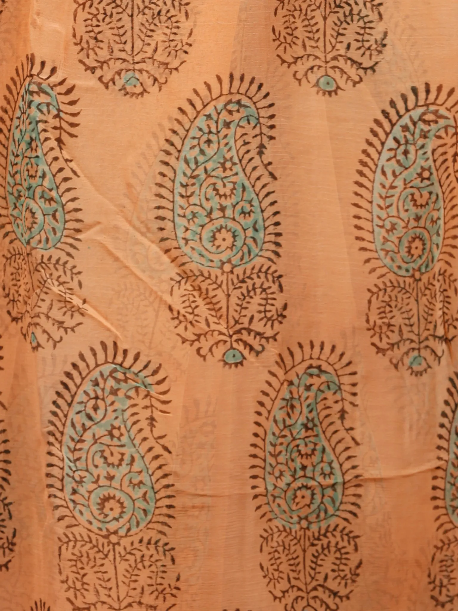 Peach Green Hand Block Printed Chiffon Saree with Zari Border - S031703276