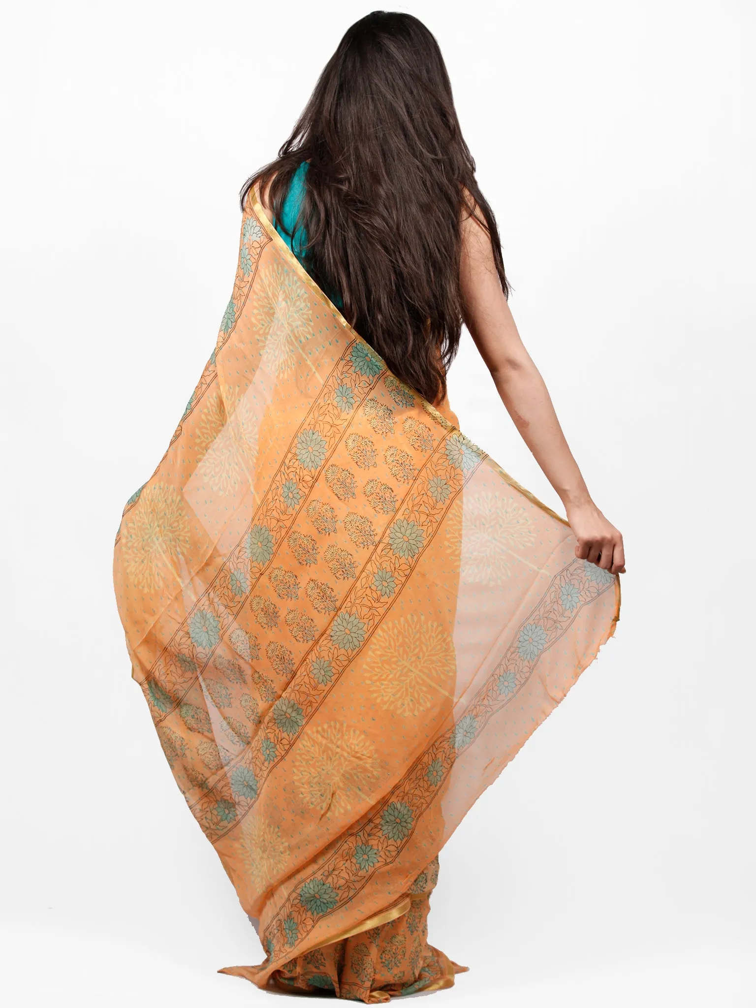 Peach Yellow Green Hand Block Printed Chiffon Saree with Zari Border - S031703278