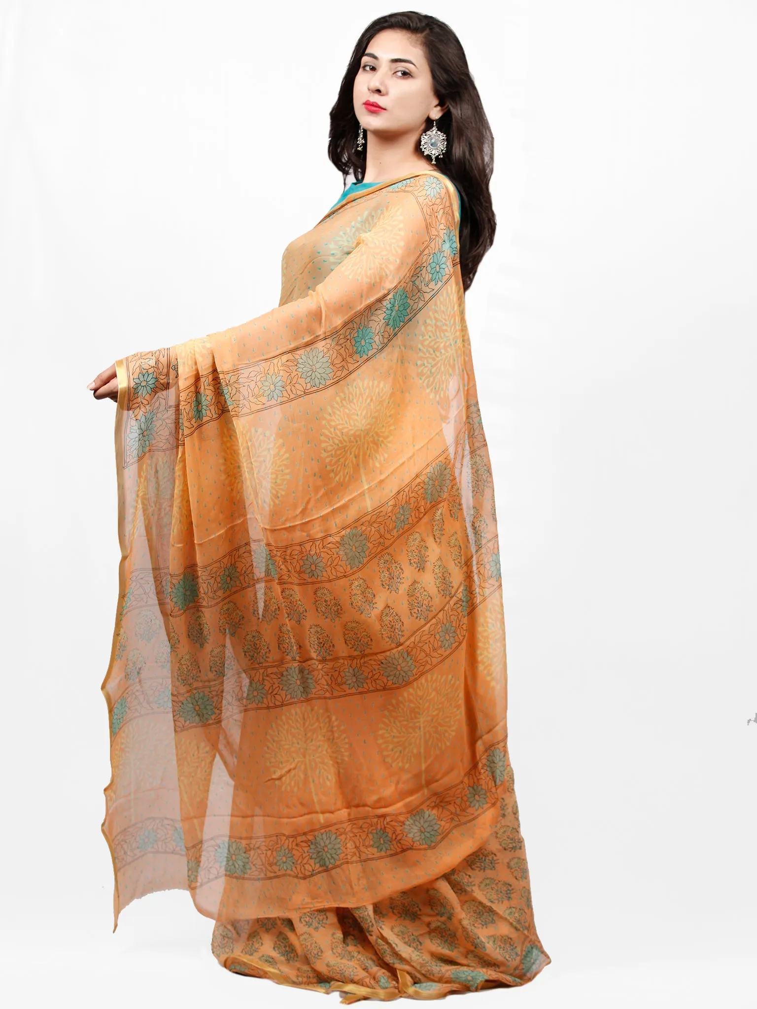 Peach Yellow Green Hand Block Printed Chiffon Saree with Zari Border - S031703278