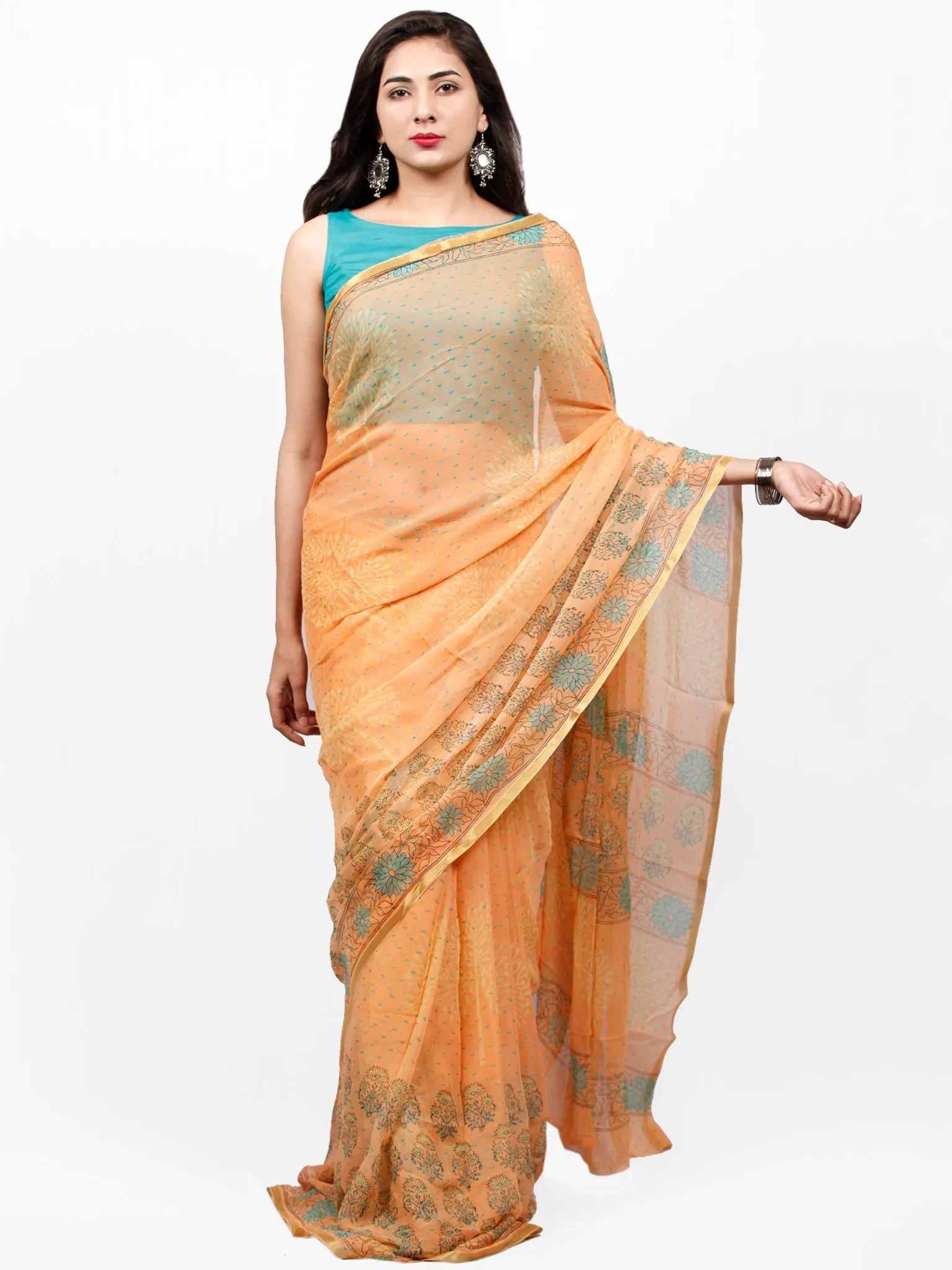 Peach Yellow Green Hand Block Printed Chiffon Saree with Zari Border - S031703278