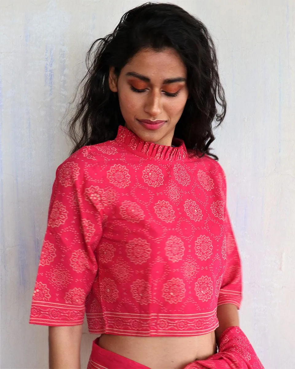 Pink Blockprinted Crop Top Cotton Blouse-Butterflygirls
