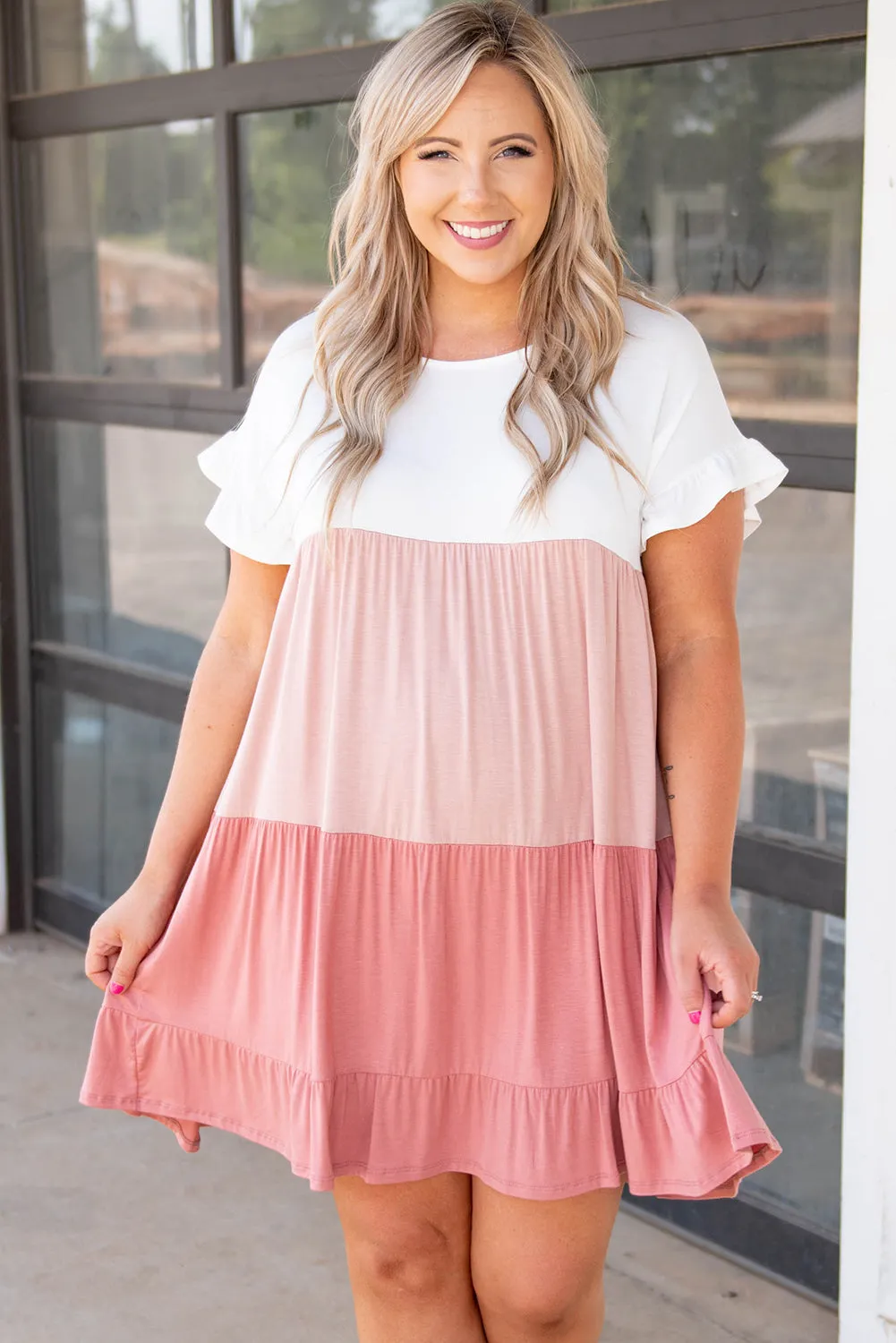 Pink Colorblock Tiered Ruffled Plus Size Dress