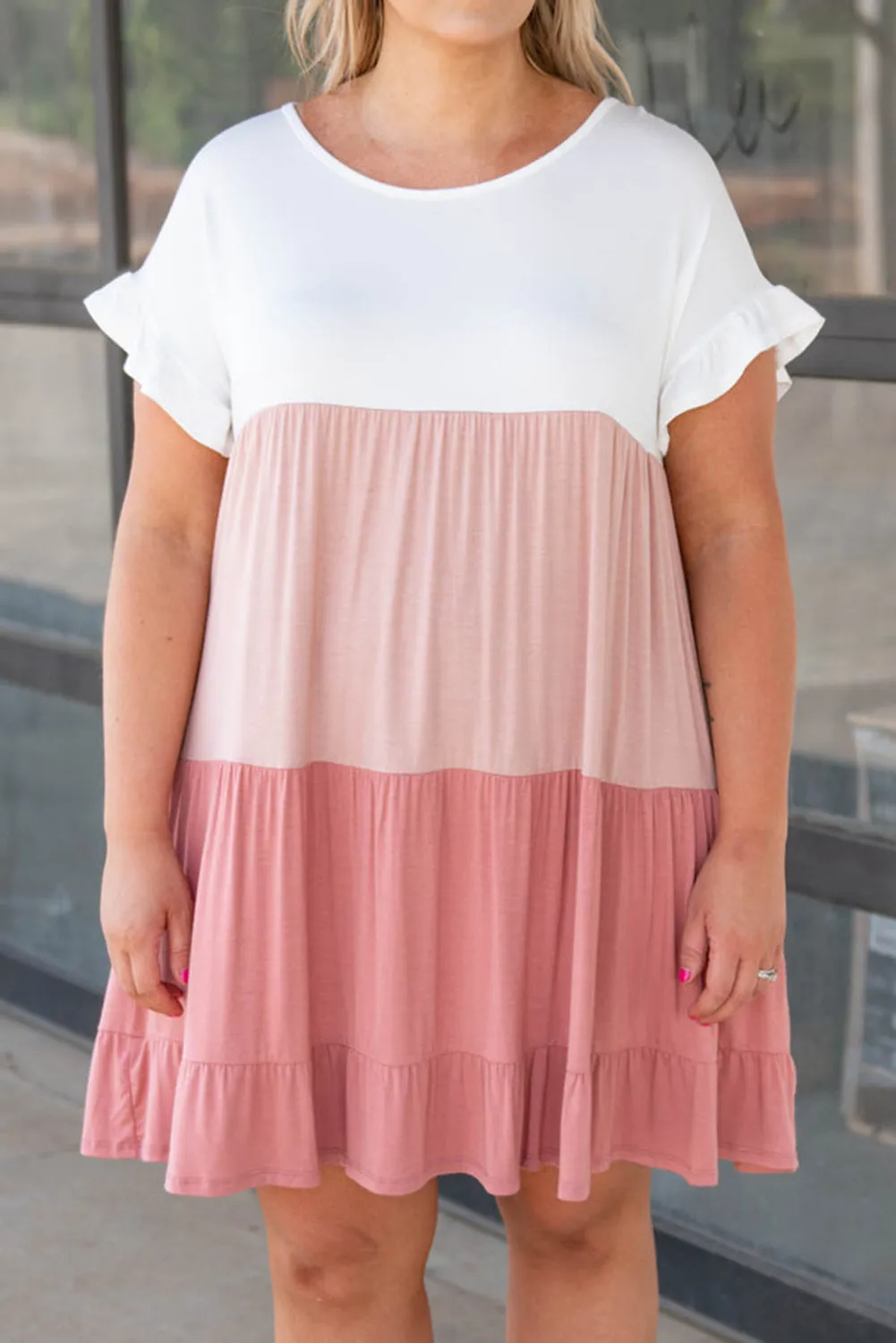 Pink Colorblock Tiered Ruffled Plus Size Dress