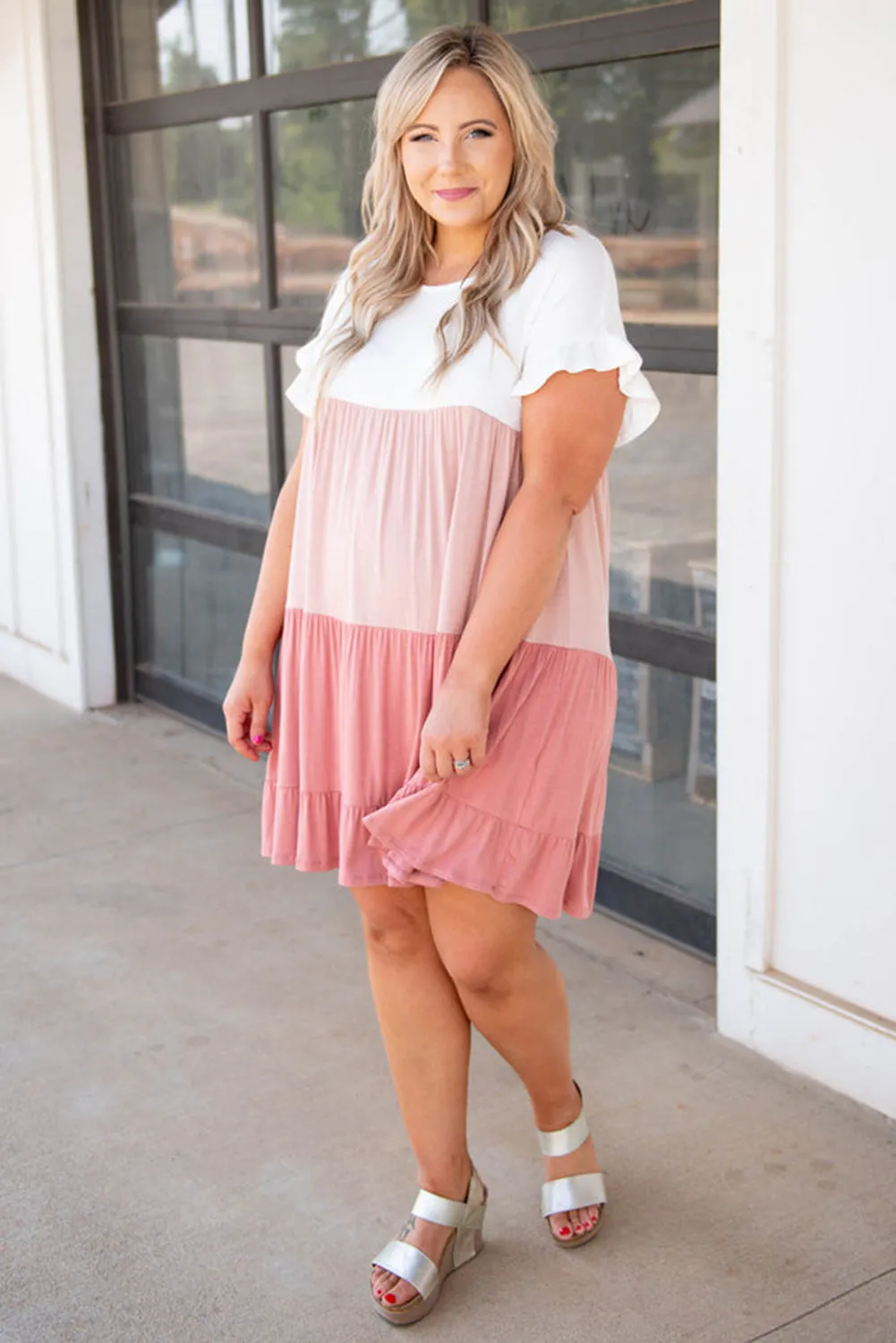 Pink Colorblock Tiered Ruffled Plus Size Dress
