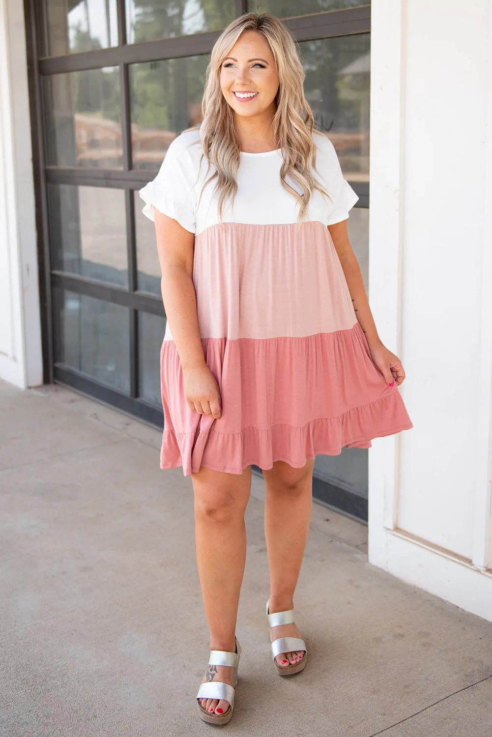 Pink Colorblock Tiered Ruffled Plus Size Dress