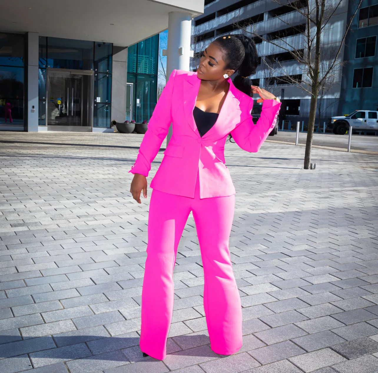Pink Fitted Button blazer and High Wasted Wide Leg Pant Set
