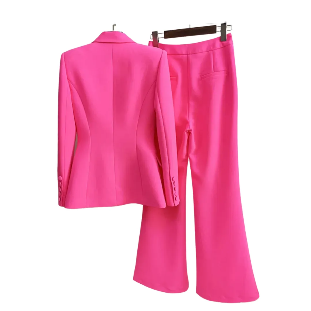 Pink Fitted Button blazer and High Wasted Wide Leg Pant Set