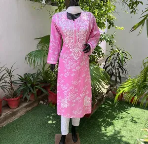 Pink floral mul cotton chikankari kurti (only kurti)
