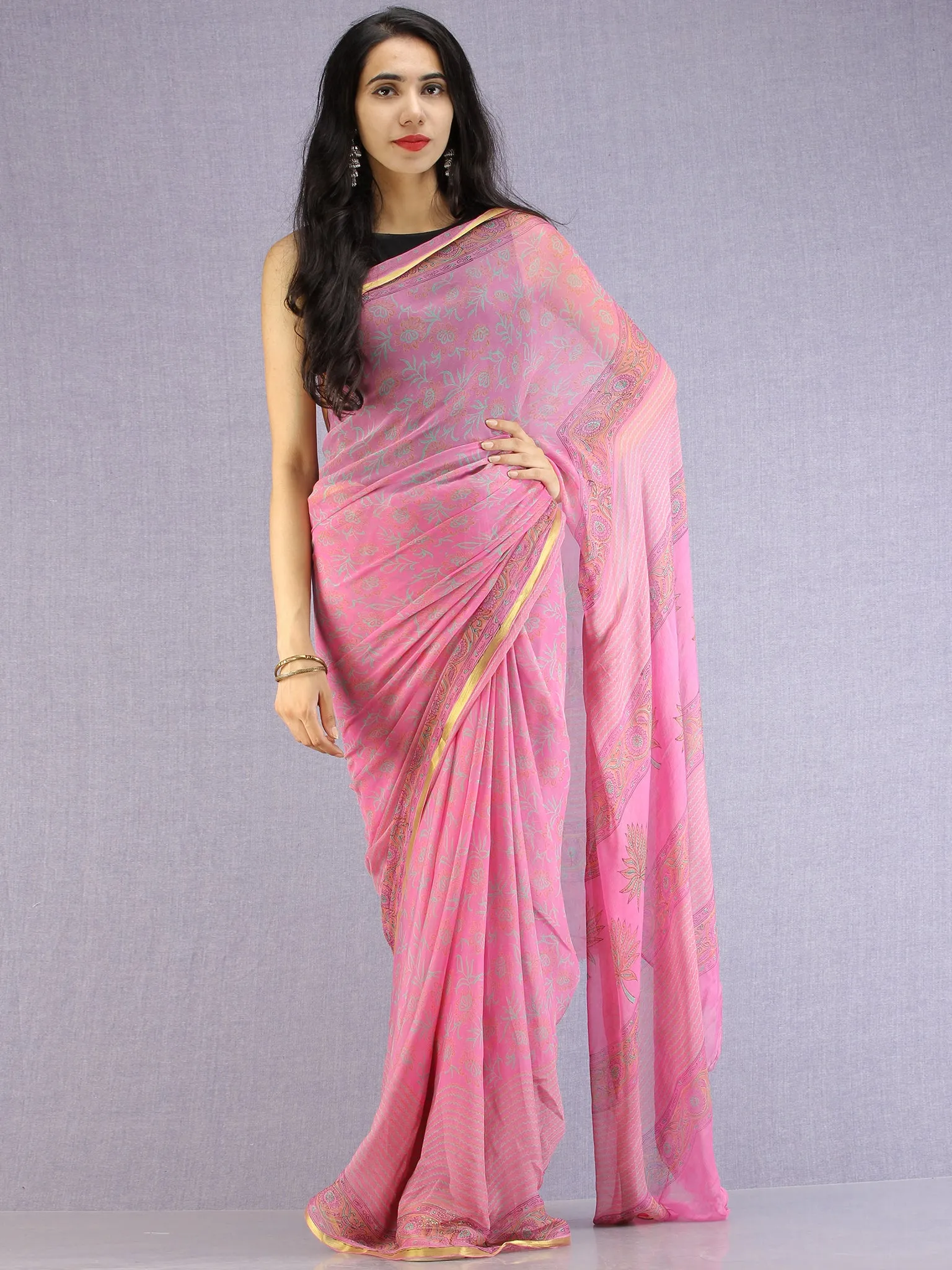 Pink Green Mustard Hand Block Printed Chiffon Saree with Zari Border - S031704616