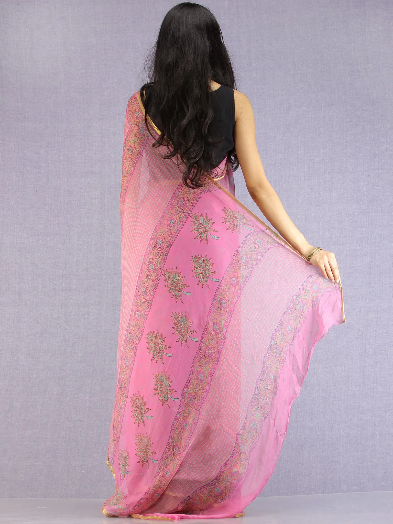 Pink Green Mustard Hand Block Printed Chiffon Saree with Zari Border - S031704616