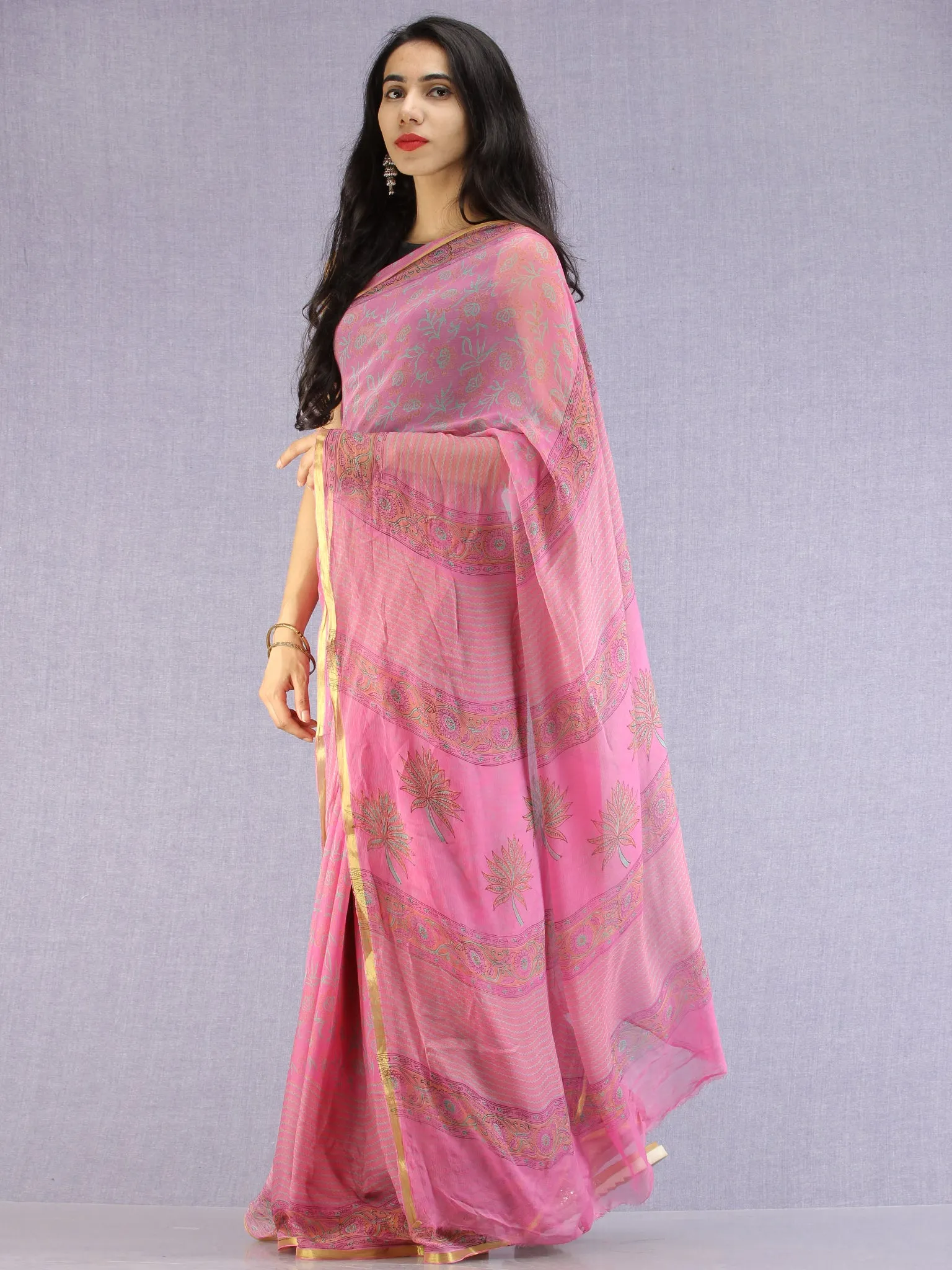 Pink Green Mustard Hand Block Printed Chiffon Saree with Zari Border - S031704616