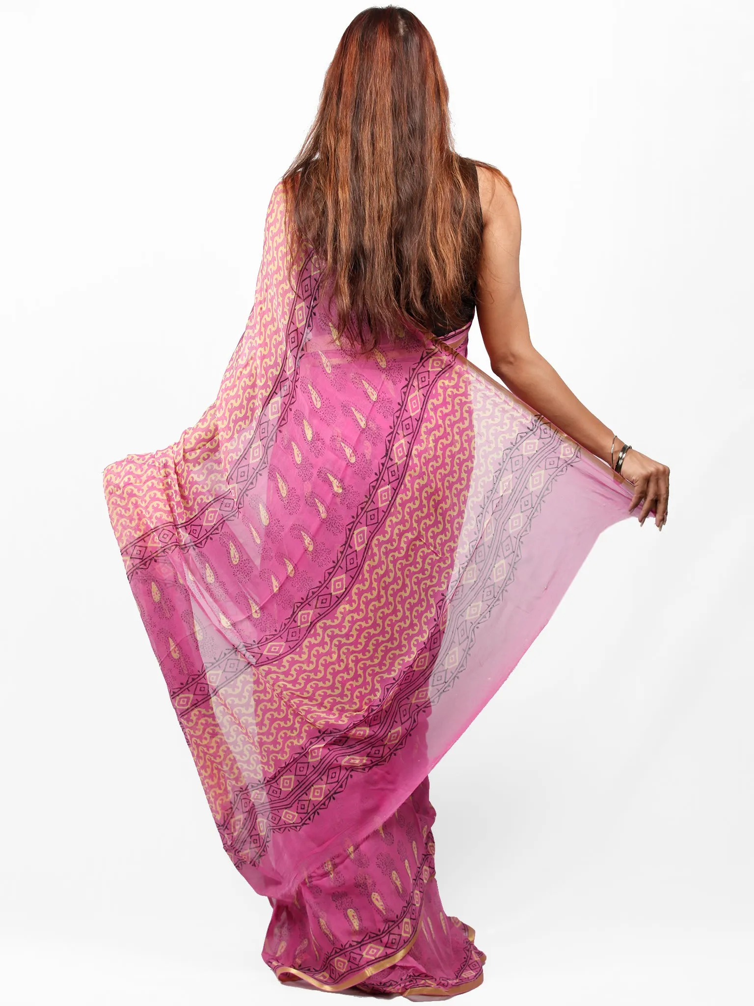 Pink Light Yellow Hand Block Printed Chiffon Saree with Zari Border - S031703416