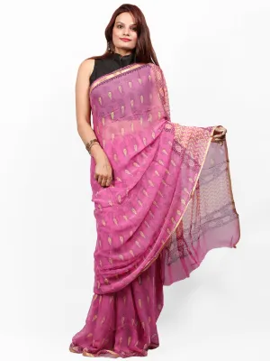Pink Light Yellow Hand Block Printed Chiffon Saree with Zari Border - S031703416