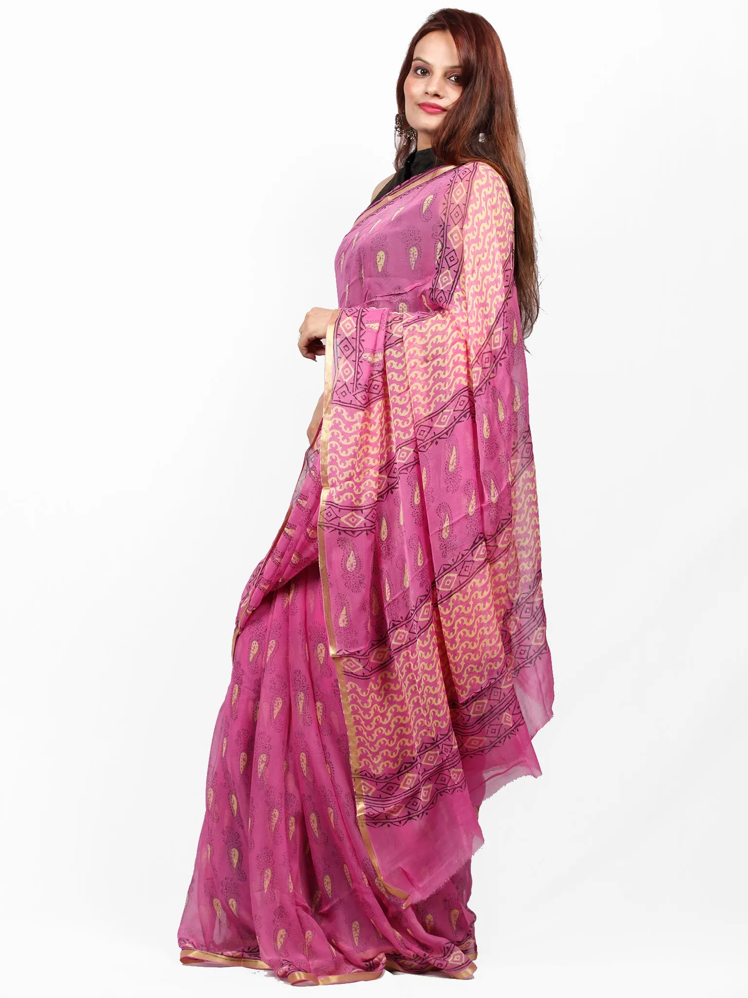 Pink Light Yellow Hand Block Printed Chiffon Saree with Zari Border - S031703416
