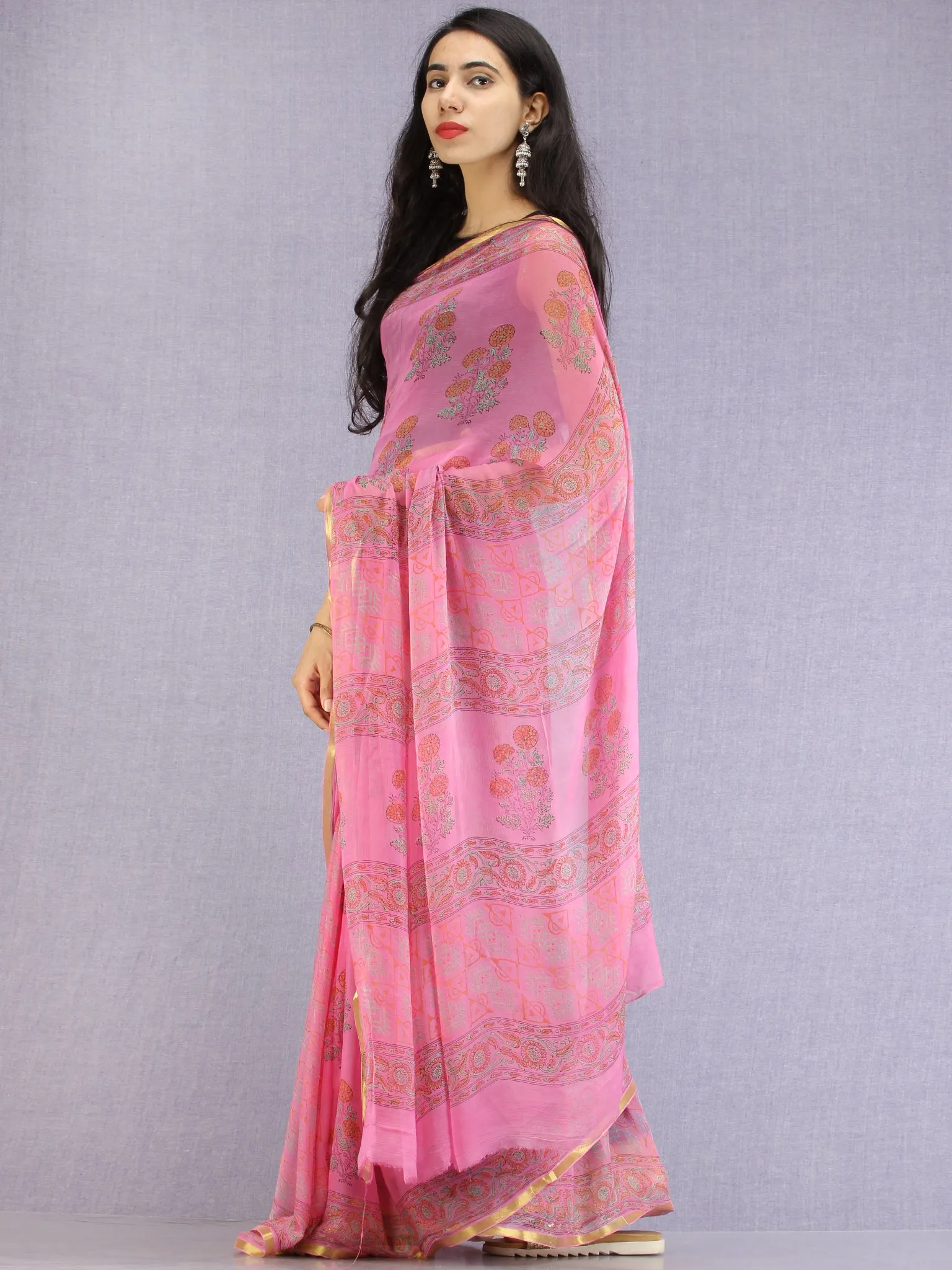 Pink Red Green Hand Block Printed Chiffon Saree with Zari Border - S031704607