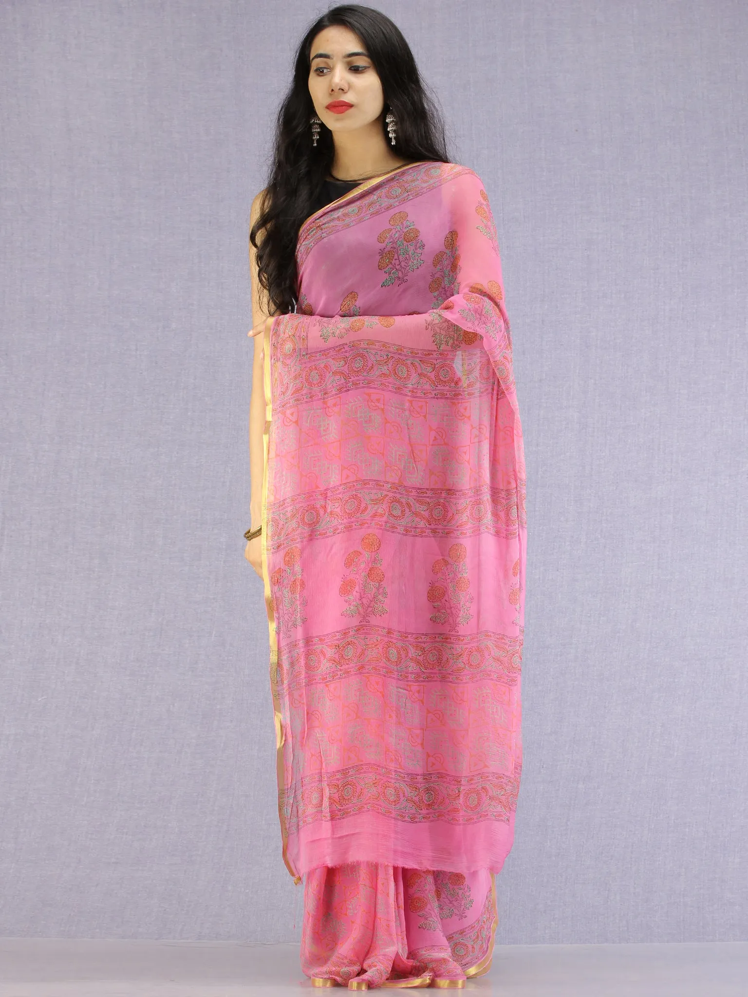 Pink Red Green Hand Block Printed Chiffon Saree with Zari Border - S031704607