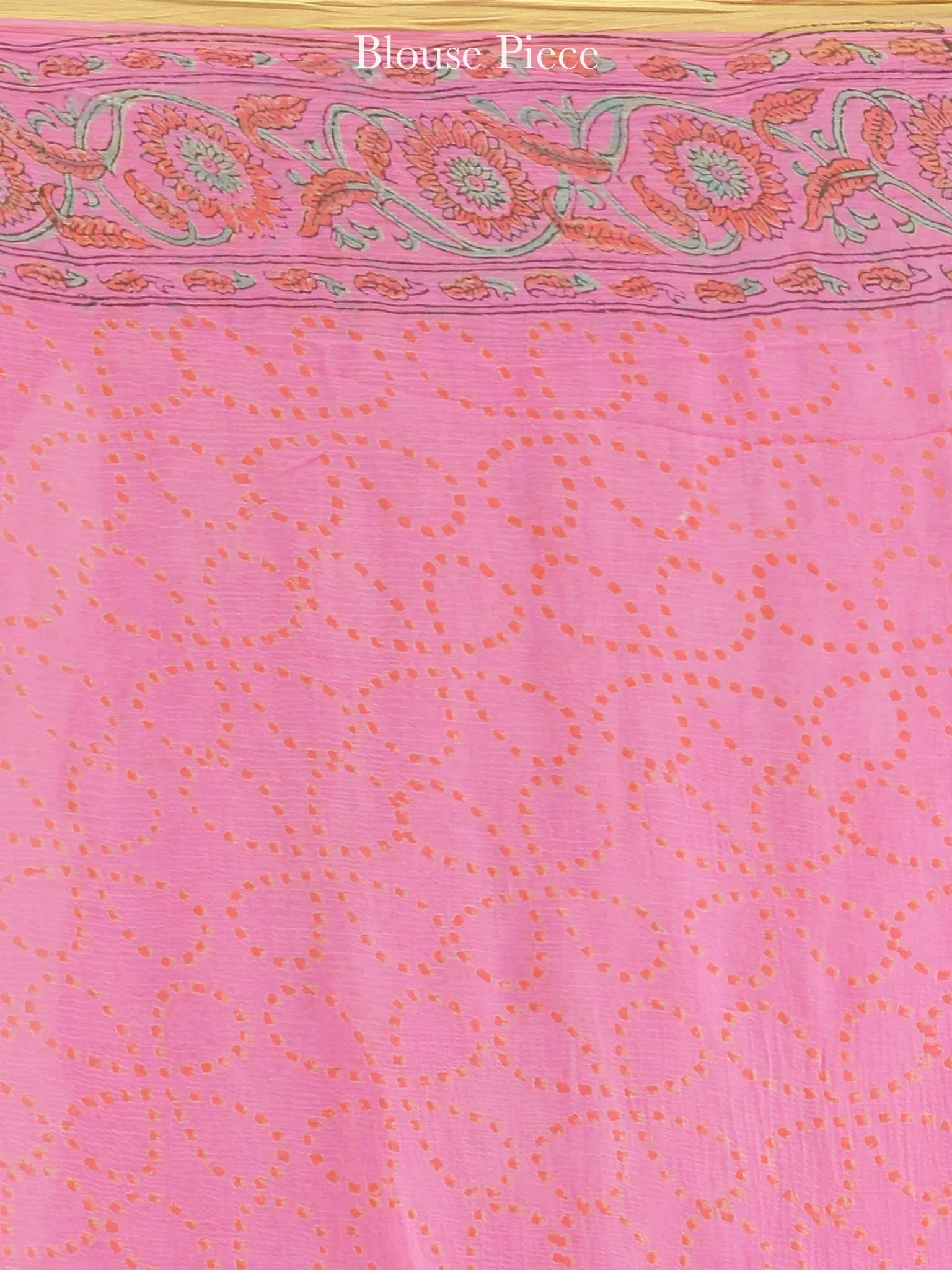 Pink Red Green Hand Block Printed Chiffon Saree with Zari Border - S031704607