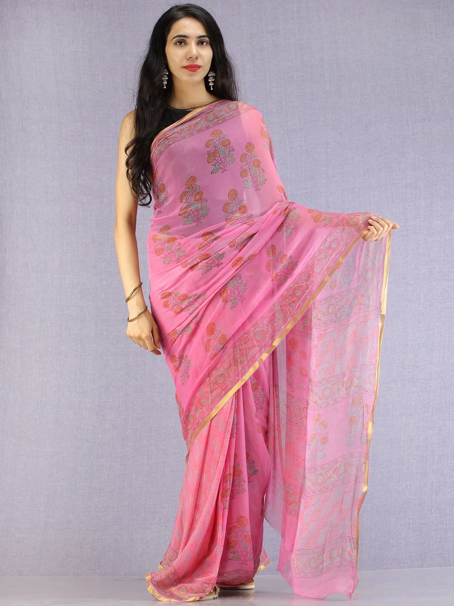 Pink Red Green Hand Block Printed Chiffon Saree with Zari Border - S031704607