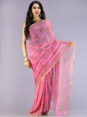Pink Red Green Hand Block Printed Chiffon Saree with Zari Border - S031704607