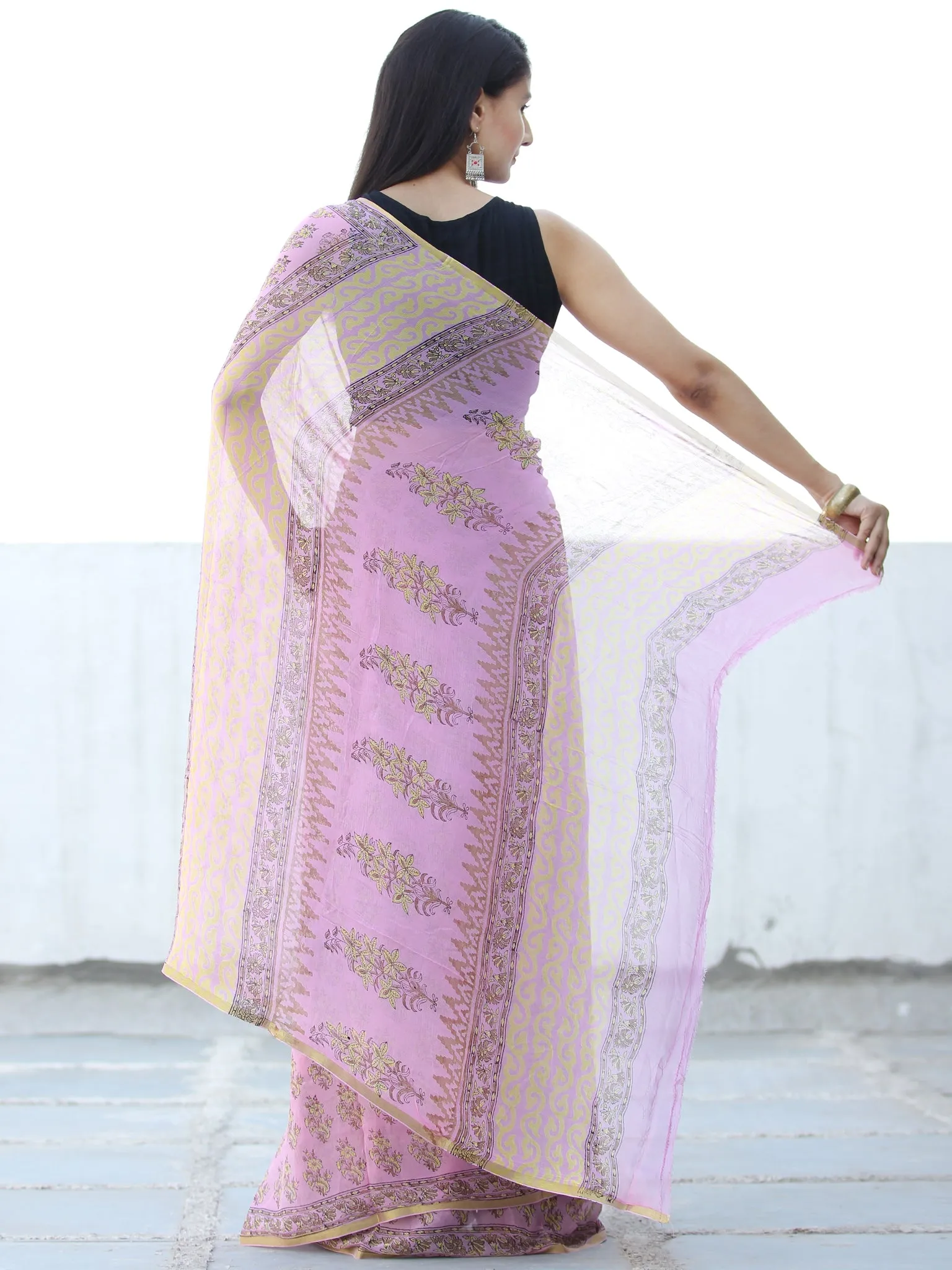 Pink Yellow Hand Block Printed Chiffon Saree with Zari Border - S031703971