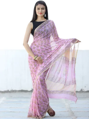 Pink Yellow Hand Block Printed Chiffon Saree with Zari Border - S031703971