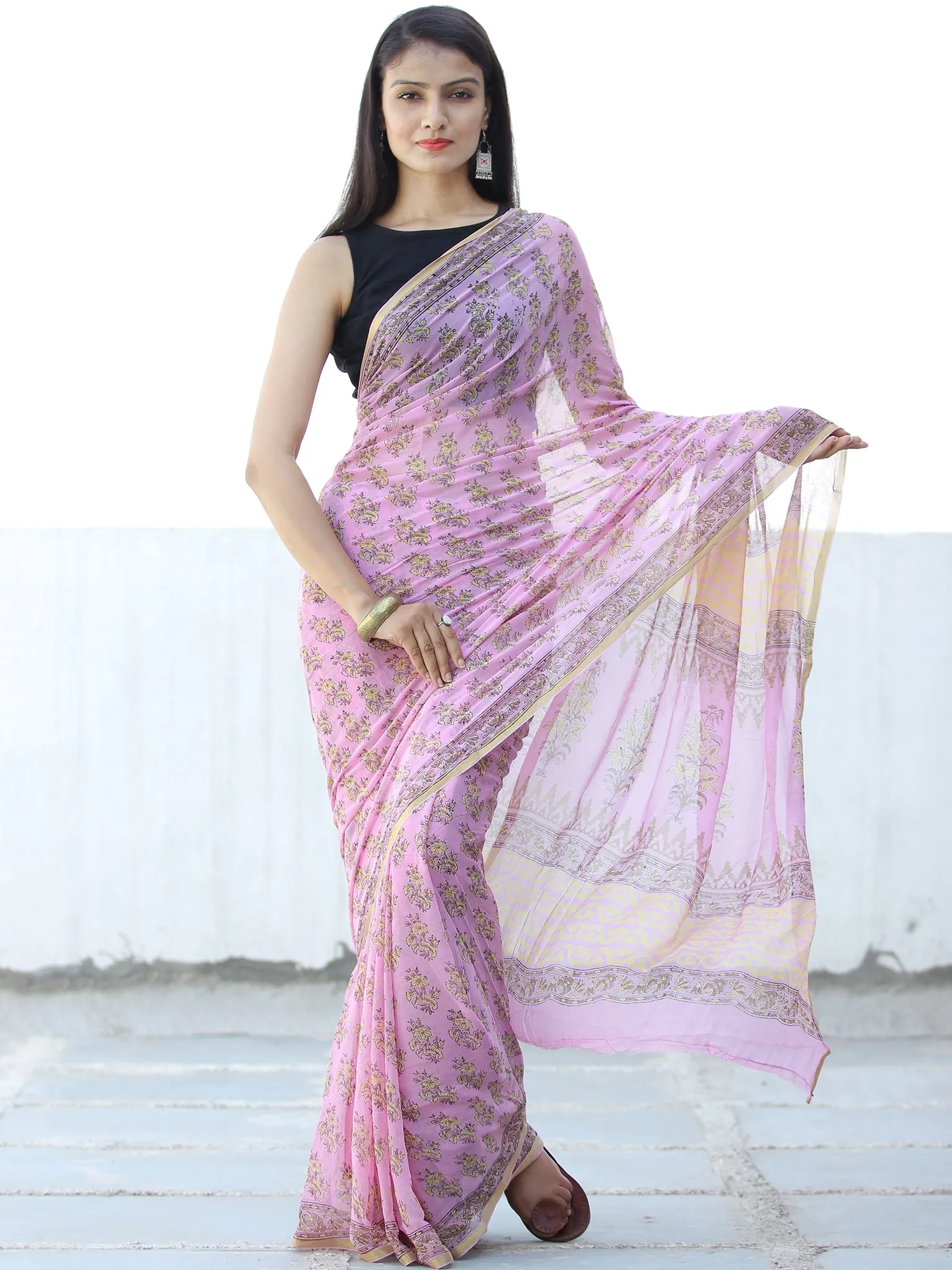 Pink Yellow Hand Block Printed Chiffon Saree with Zari Border - S031703971