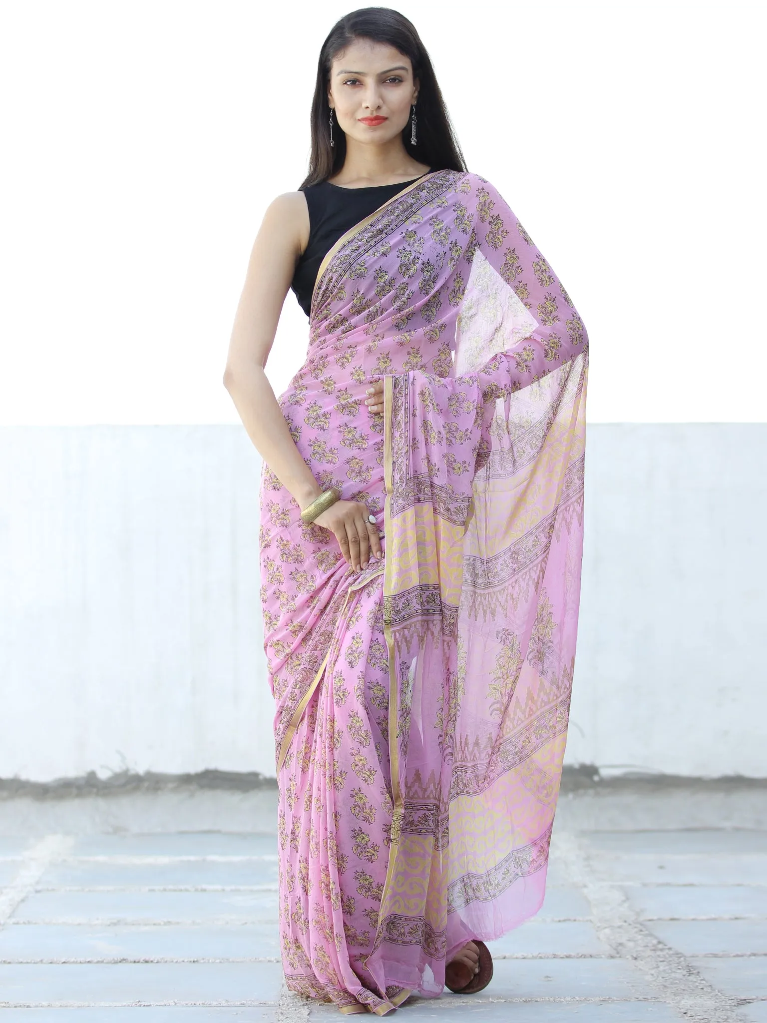 Pink Yellow Hand Block Printed Chiffon Saree with Zari Border - S031703971