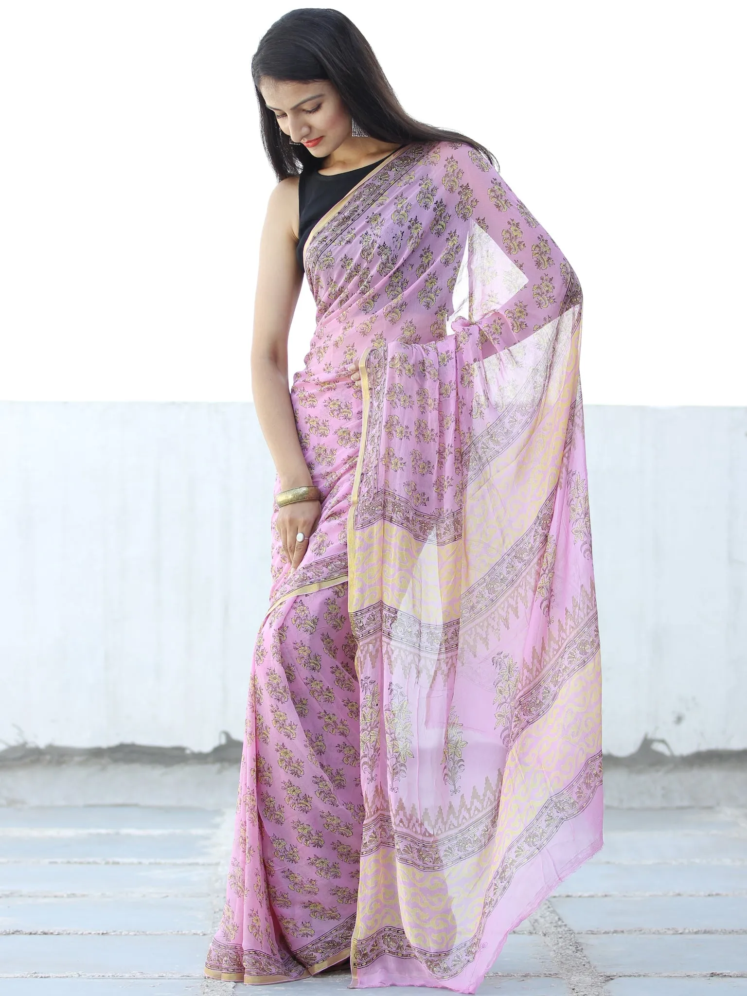 Pink Yellow Hand Block Printed Chiffon Saree with Zari Border - S031703971