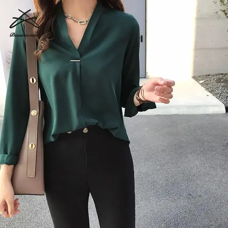 Plain ladies blouses chiffon tops casual shirts women v neck office formal business lady blouse
