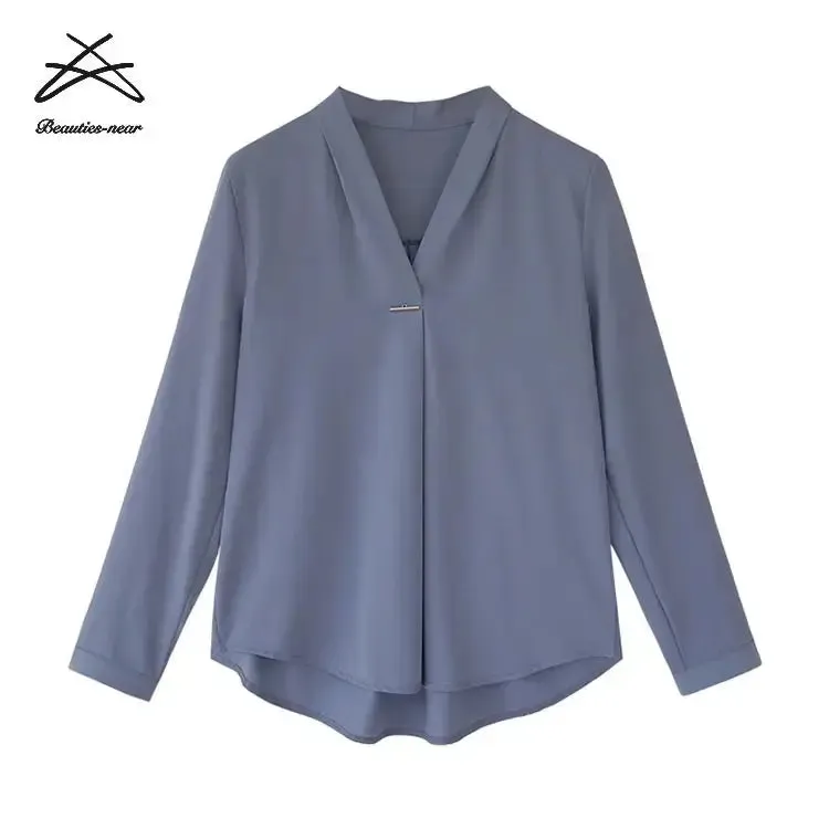 Plain ladies blouses chiffon tops casual shirts women v neck office formal business lady blouse