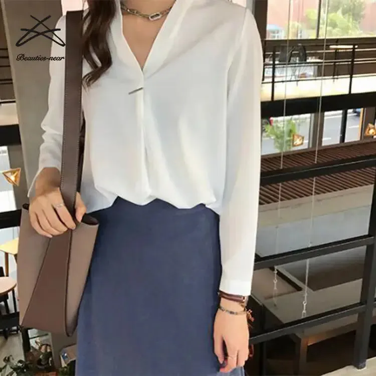 Plain ladies blouses chiffon tops casual shirts women v neck office formal business lady blouse