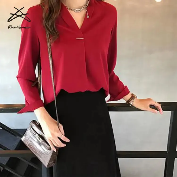 Plain ladies blouses chiffon tops casual shirts women v neck office formal business lady blouse
