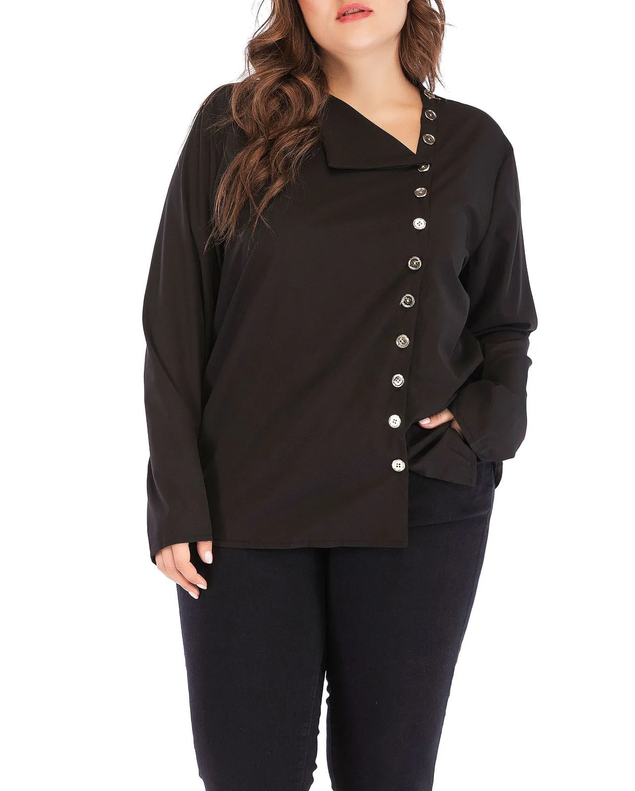 Plus Size Single-breasted Black Shirt Top