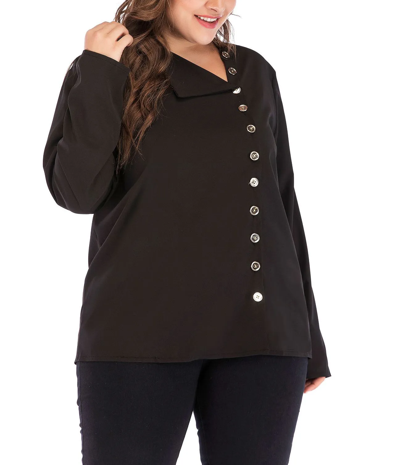 Plus Size Single-breasted Black Shirt Top
