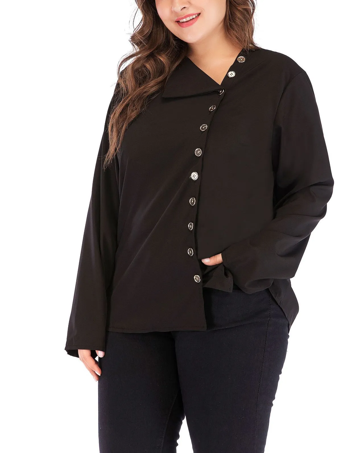 Plus Size Single-breasted Black Shirt Top