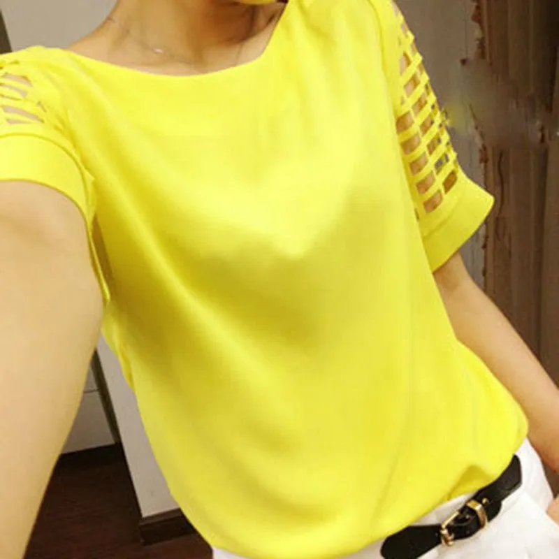 Plus Size Women Chiffon Blouses Shirts O Neck Hollow Out Short Sleeve Solid Casual ladies Tops