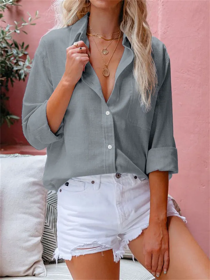 Pretty Turn Down Collar Linen Summer Women Shirts