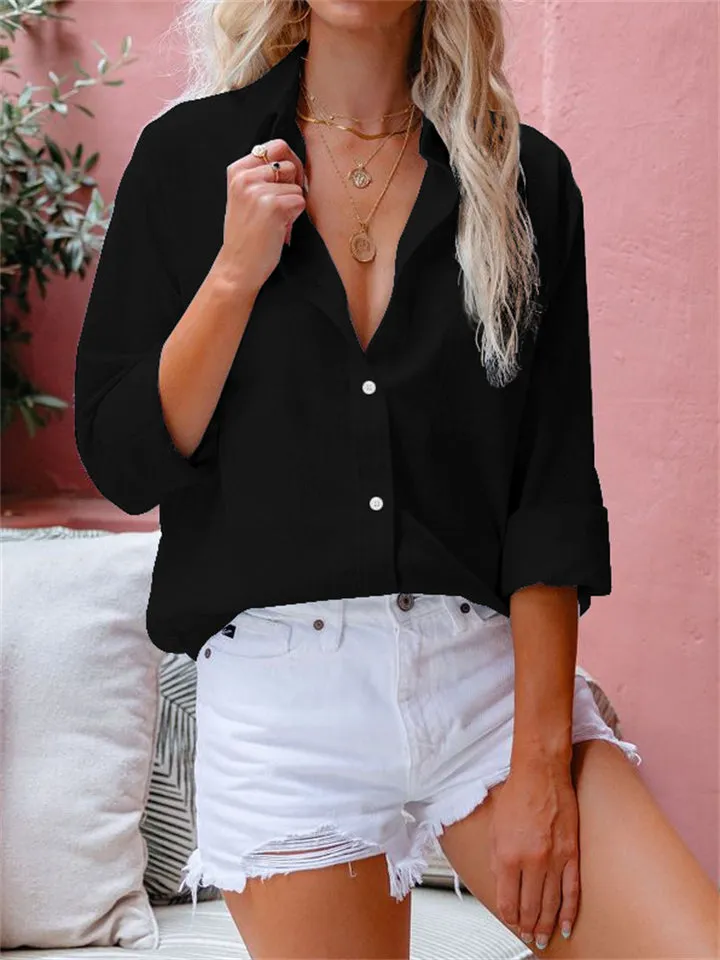 Pretty Turn Down Collar Linen Summer Women Shirts