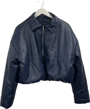 PrettyLittleThing Midnight Blue Faux Leather Collar Detail Puffer Jacket UK 12