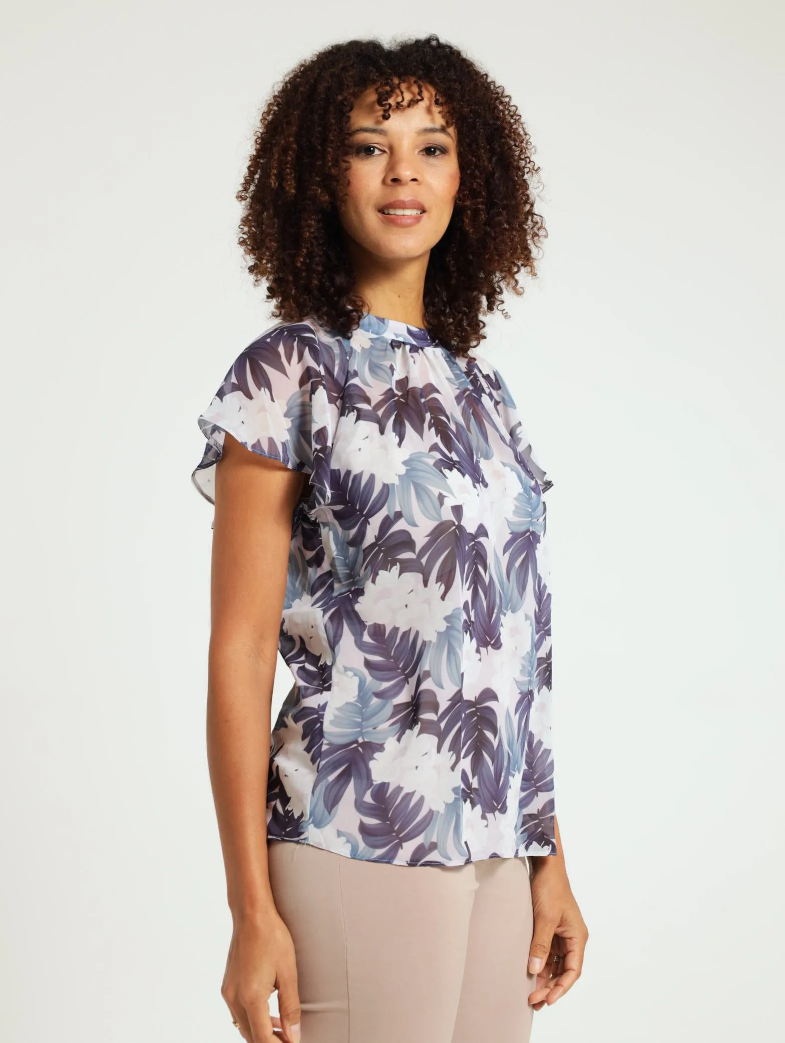 Printed Chiffon Blouse - Navy