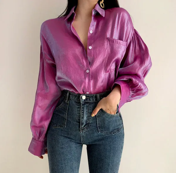 Puff Sleeves Single-breasted Gradient Loose Blouses