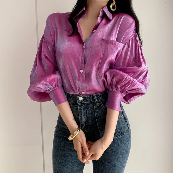 Puff Sleeves Single-breasted Gradient Loose Blouses
